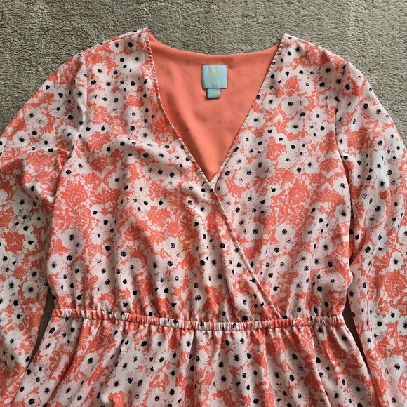 CeCe By Cynthia Steffens Coral Pop Gemma Surplice Long Sleeve Dress Size 12 - Picture 7 of 15